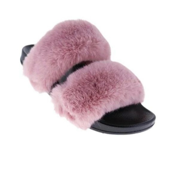 Shoes - MWOT Plush Double-Band Pink Faux Fur Slide Sandals